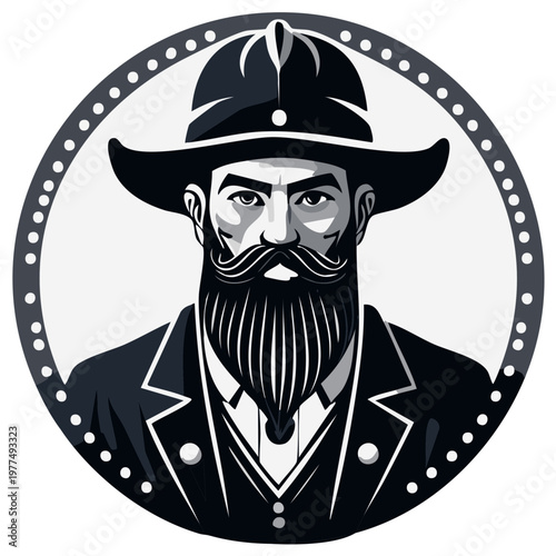 Rugged Man With Beard and Cowboy Hat Emblem Black and White Style