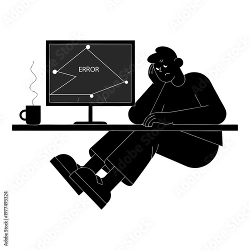 Silhouette vector illustration of depression while working on the computer