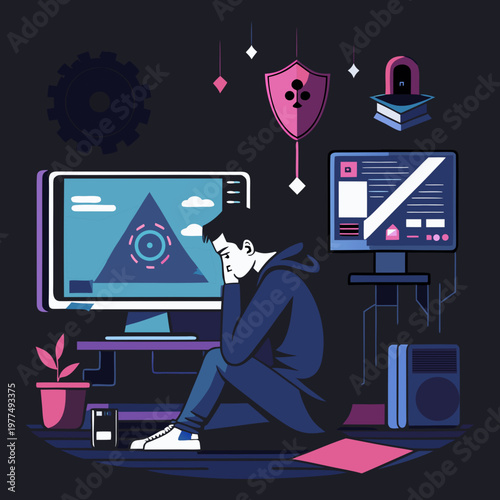 Silhouette vector illustration of depression while working on the computer