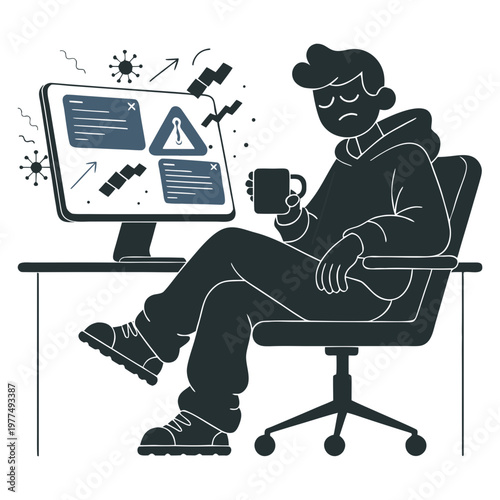 Silhouette vector illustration of depression while working on the computer