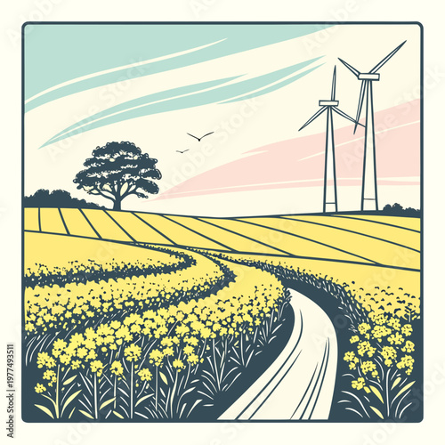 A field of yellow flowers with wind turbines in the background and a road through it with trees and birds in the sky