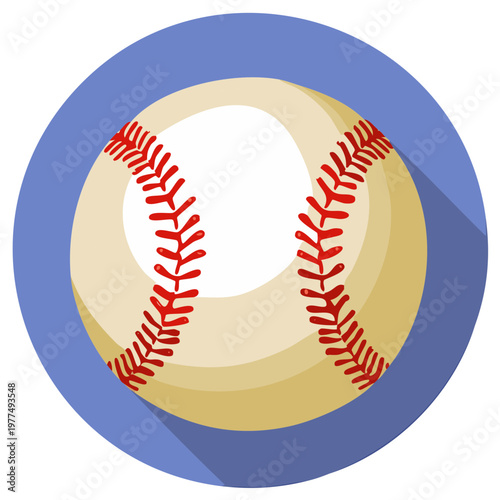 Flat design illustration of a baseball with red stitches in a blue circle with shadow