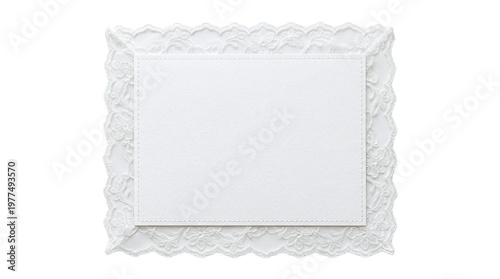 Canvas-taulu Blank rectangular white paper card framed with delicate sheer floral lace on a t