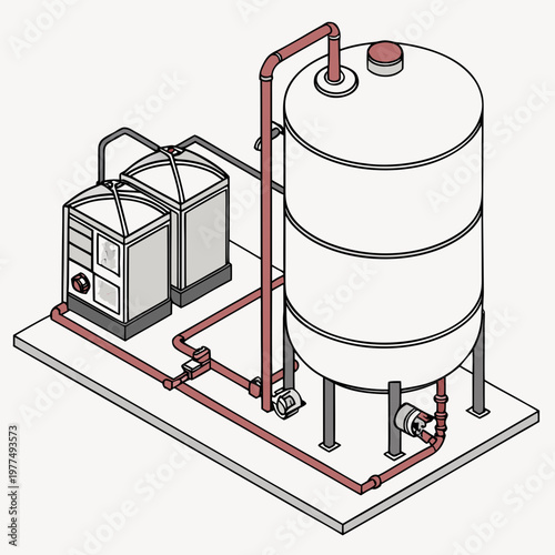 An industrial isometric illustration of a large cylindrical tank with pipes and two control boxes on a platform