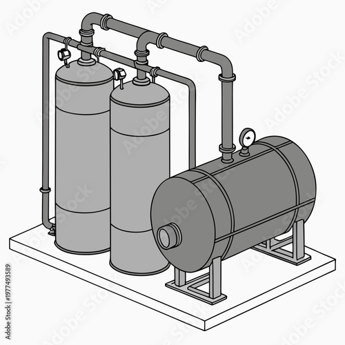 Industrial filtration system with cylindrical tanks and pipes on a white base for water or air purification processes