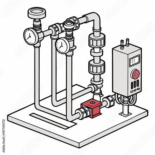 A detailed line drawing of an industrial pump control system with gauges and valves