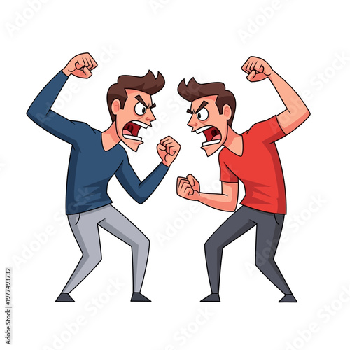 Two angry men arguing and fighting, cartoon illustration