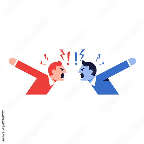 Two businessmen arguing, conflict, disagreement, fight, red vs blue, shouting, anger, emotions