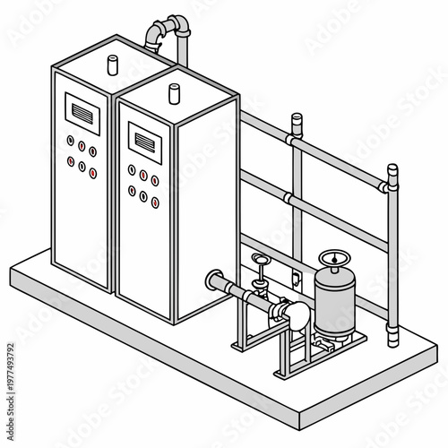 Industrial water treatment system with pipes and control panels on a platform