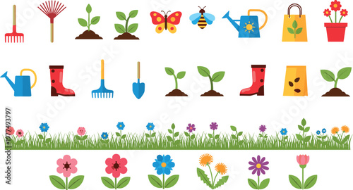 Gardening Icon Set Featuring Tools, Plants, Flowers, Watering Can, Gloves, and Garden Elements for Web and App Use