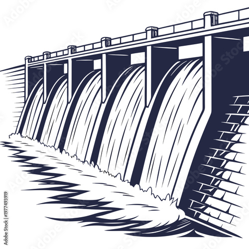 Illustration of a dam with water flowing over it