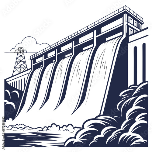 Illustration of a hydroelectric dam with water flowing over it and a power transmission tower in the background