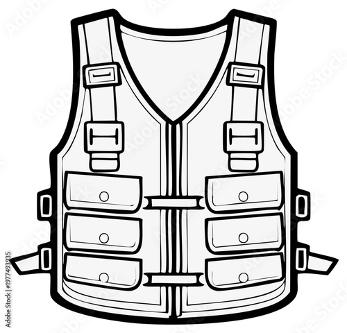 Illustration of a tactical vest with multiple pockets and straps for outdoor activities