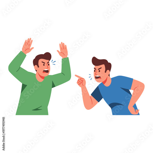 Two men arguing, conflict, disagreement, anger, shouting, pointing fingers, animated illustration