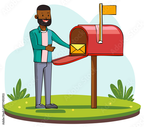 Person retrieving mail from a traditional red mailbox on a grassy lawn in cartoon style