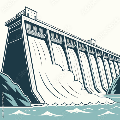 Illustration of a large dam with water flowing out of it in a stylized graphic design