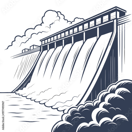 Illustration of a large dam with water overflowing and splashing into the water below