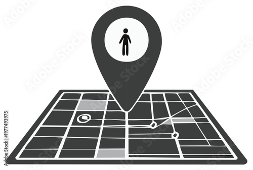 Person location pin on a street map with a route for navigation tracking and finding a destination