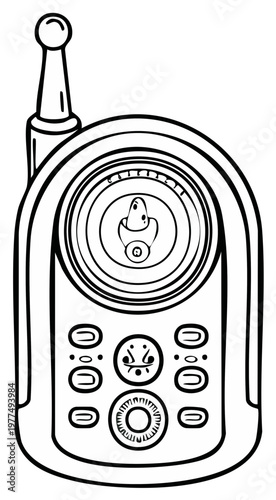 Hand-drawn baby monitor with antenna and screen displaying a pacifier icon