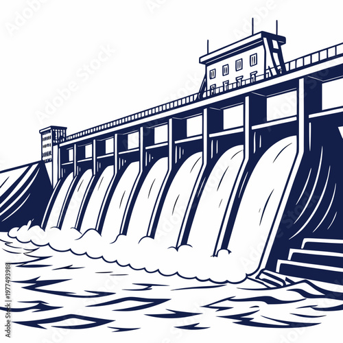 Illustration of a hydroelectric dam with water flowing over it