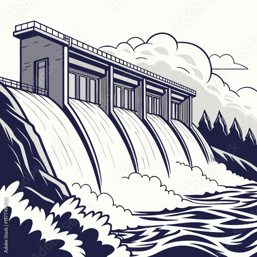Illustration of a hydroelectric dam with water flowing down and mountains in the background