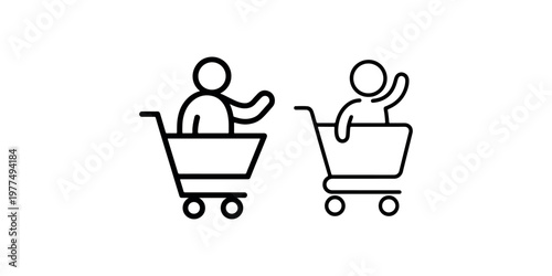 Shopping cart icon featuring stylized human figure sitting inside trolley for retail consumer behavior and fun grocery store customer experience concepts