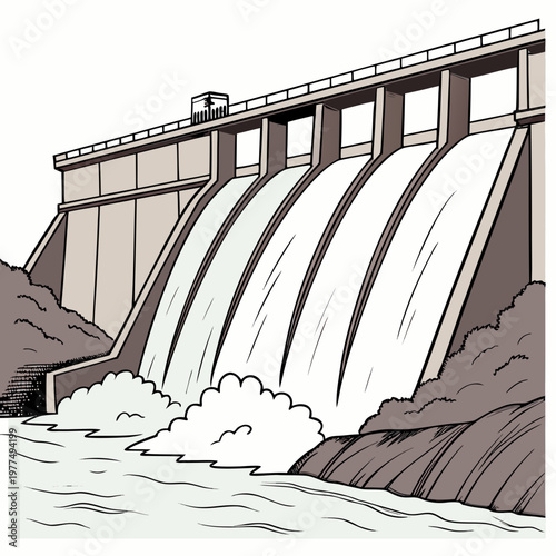 A large dam with water flowing over it on a in a cartoon style