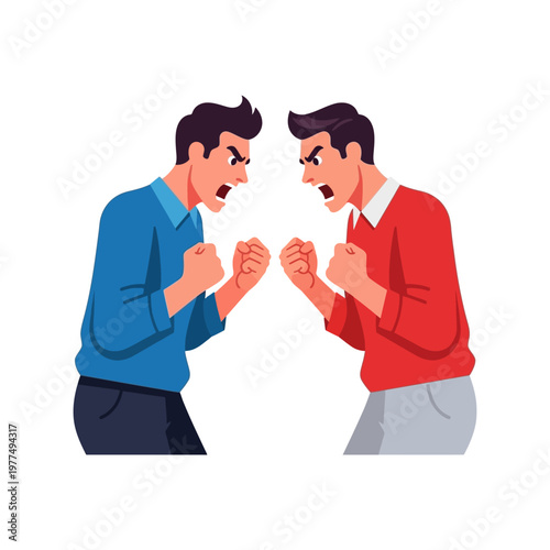 Two men arguing, facing each other with fists clenched, expressing anger and conflict.