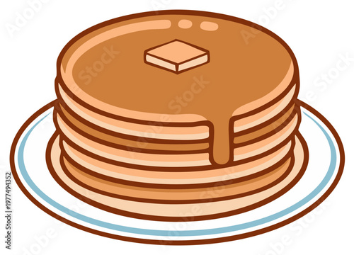Stack of fluffy pancakes with melting butter and syrup on a plate cartoon illustration