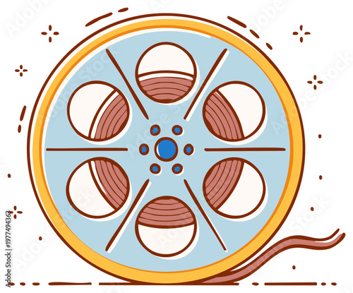 Colorful doodle style illustration of a vintage movie film reel for cinema and entertainment