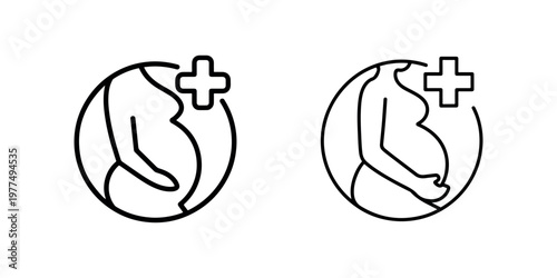 Pregnant woman with plus sign in circle, representing maternity care and pregnancy healthcare, medical symbol and icon, simple outline vector