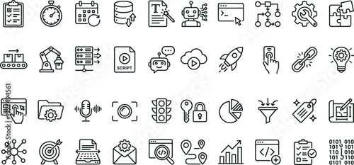 Artificial intelligence automation workflow outline vector icon set for analytics dashboards coding interfaces productivity systems and digital technology applications