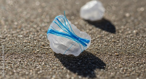 Close-up of a piece of plastic pollution with blue fibers embedded, resting on wet sand with bokeh background