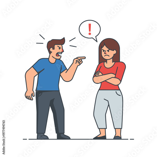 Angry couple arguing, man pointing finger, woman with arms crossed, conflict illustration