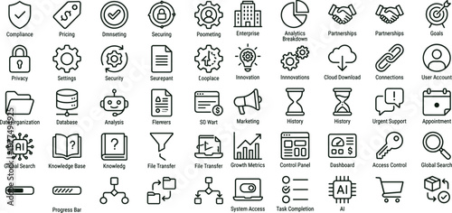 Business analytics workflow outline vector icon set for management dashboards interfaces productivity systems data organization and digital technology applications