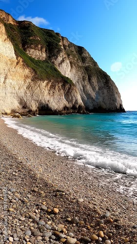 A serene and rugged coastline with a large cliff face meeting a pebbled beach under a clear blue sky