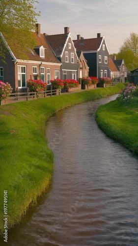 A serene and picturesque scene of a winding canal running through a quaint village with traditional houses and lush greenery