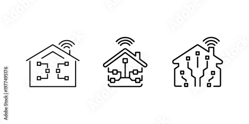 Collection of three line art icons depicting smart home technology, a house with circuits and wifi signal indicating connectivity