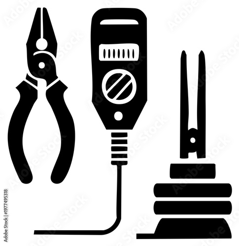 Pliers Digital Multimeter and Hair Straightener Icons Representing Tools and Measurement