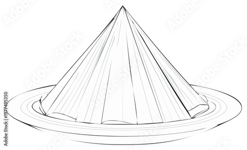 Southeast Asian conical hat on decorative plate drawing. Authentic Vietnamese headwear illustration.