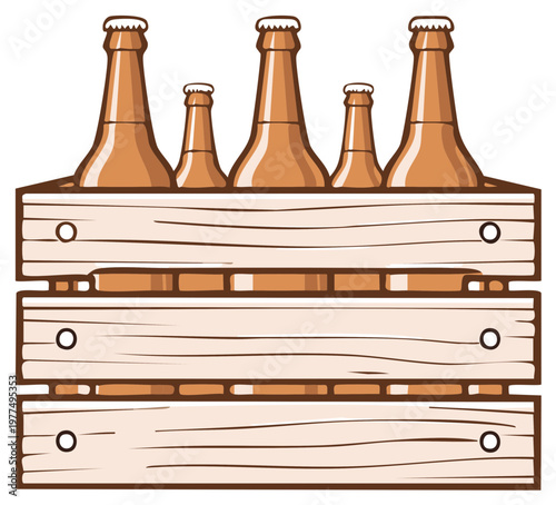 Cartoon illustration of multiple capped amber beer bottles in a light wooden crate