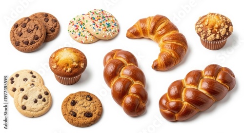 Assorted bakery products collection, fresh golden croissants and braided brioche bread, chocolate chip cookies and muffins on white background
