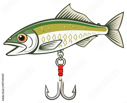 Green fish shaped fishing lure illustration with a sharp treble hook