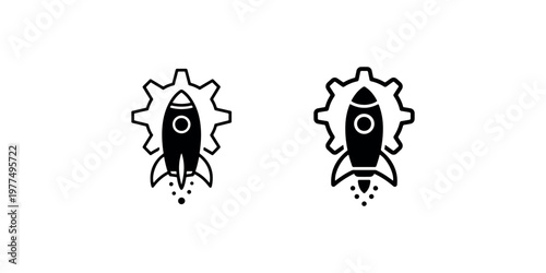 Rocket launch icon with gear background signifying technological innovation startup growth engineering success and modern space exploration project symbols