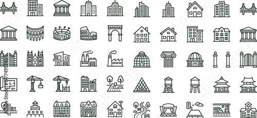 Architecture landmarks outline vector icon set featuring buildings monuments infrastructure structures city skyline housing and urban development applications