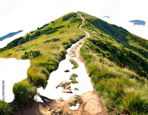 Grassy mountain ridge path, with scattered rocks and snow patches