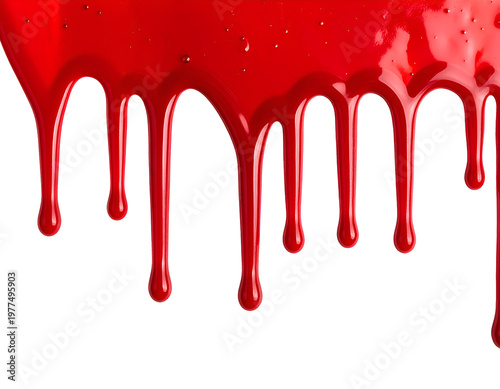 Glossy red liquid dripping in fluid motion against a white background
