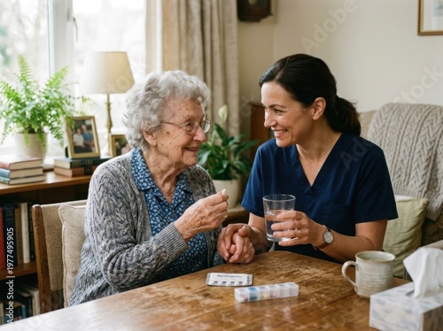 Professional home care nurse helping elderly woman take daily medicine