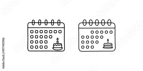 Birthday calendar icon set featuring special date reminders with cake and candle symbols for annual celebration planning and event tracking on white grid
