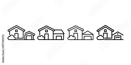 Residential real estate housing line icon set featuring detached houses with garages and garden bushes representing suburban living and property market